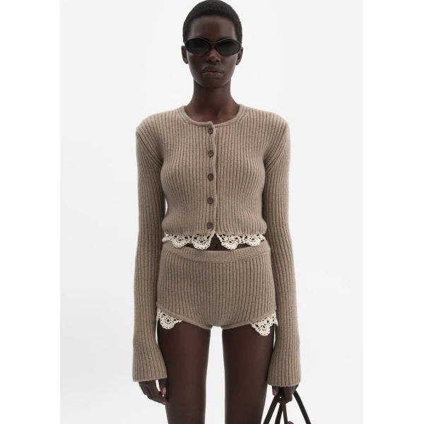 Magda Butrym Long-sleeve crochet-trim cropped cardigan in beige, view 3