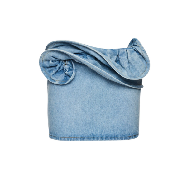 Magda Butrym Mini denim skirt with hand-twisted flower detail in light blue