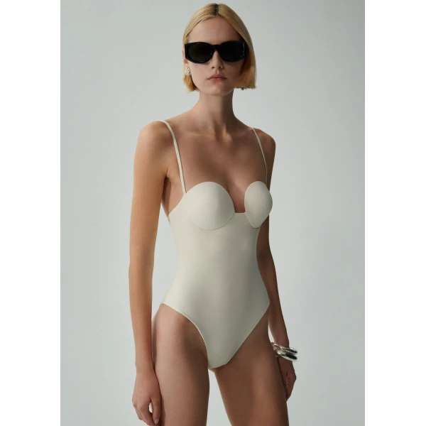 Magda Butrym Retro bustier swimsuit in cream, view 3