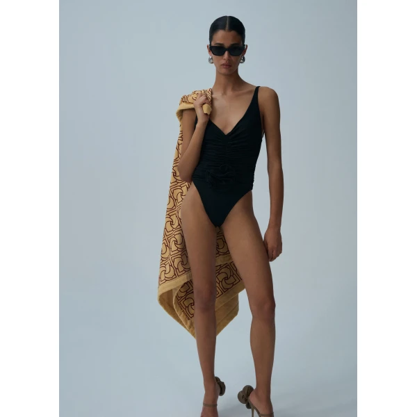 Magda Butrym Ruched flower swimsuit in black, view 3