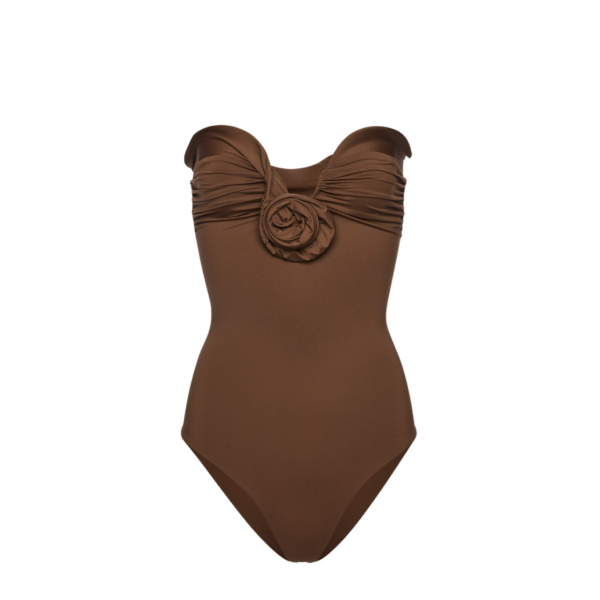 Magda Butrym Sculptural rose bustier swimsuit in brown