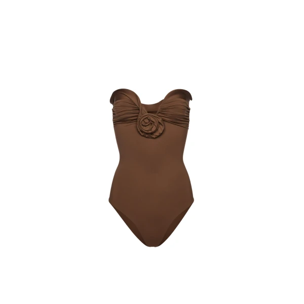 Magda Butrym Sculptural rose bustier swimsuit in brown