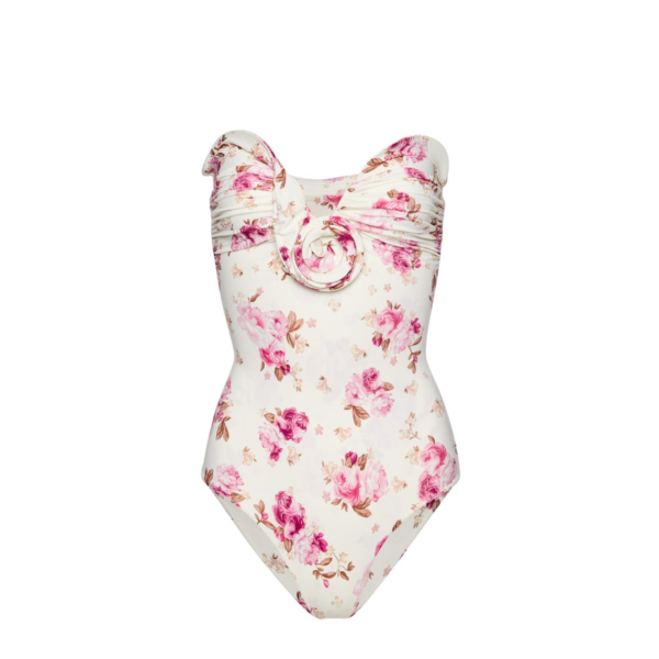 Magda Butrym Sculptural rose bustier swimsuit in cream floral print