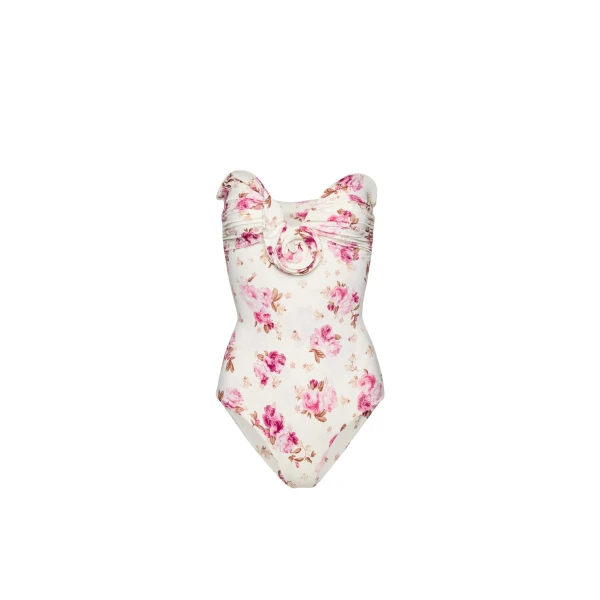 Magda Butrym Sculptural rose bustier swimsuit in cream floral print