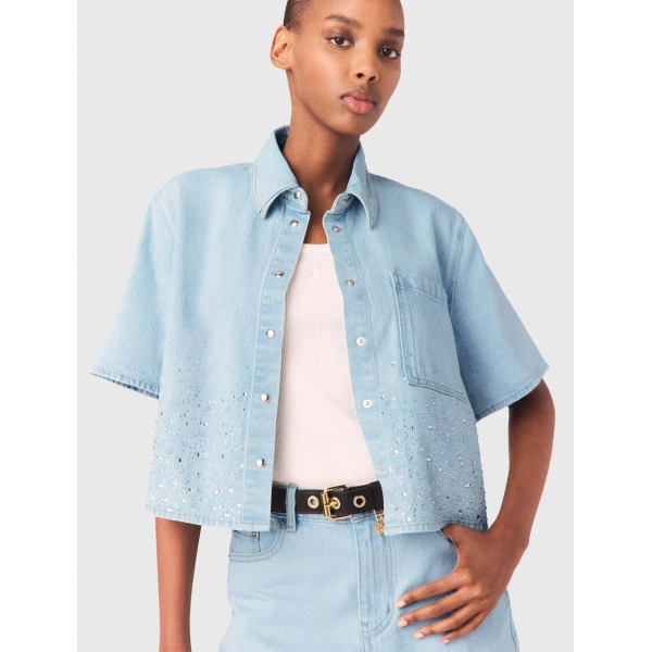 Maje Denim Shirt Parisian Accessible Luxury Clothing at Coveti