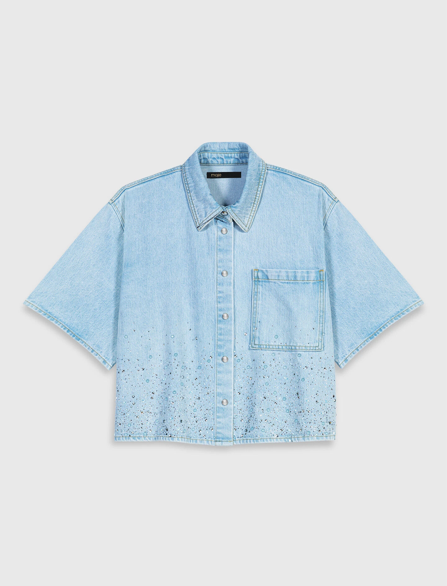 Maje Cropped Rhinestone Denim Shirt - Parisian Accessible Luxury Clothing at Coveti Maje Denim Shirt Parisian Accessible Luxury Clothing at Coveti