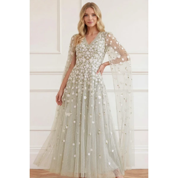 Needle & Thread Camellia Ditsy Cape Sleeve Ankle Gown - Clothing - British Luxury Evening Wear at Coveti