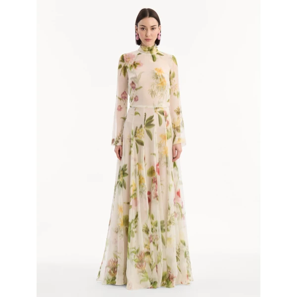Oscar de la Renta Chiné Dominican Mixed Floral Chiffon Gown - Dresses - American Luxury Evening Wear at Coveti