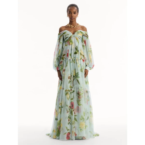 Oscar de la Renta Chiné Dominican Mixed Floral Chiffon Sweetheart Gown - Dresses - American Luxury Evening Wear at Coveti
