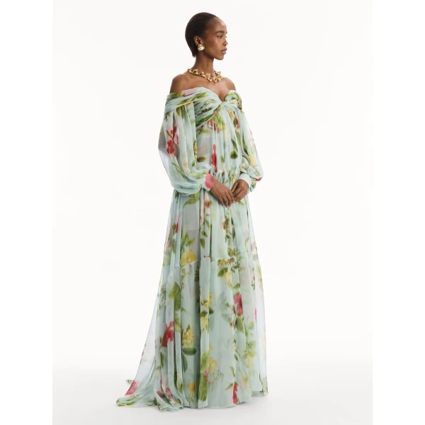 Oscar de la Renta Chiné Dominican Mixed Floral Chiffon Sweetheart Gown - Dresses - American Luxury Evening Wear at Coveti