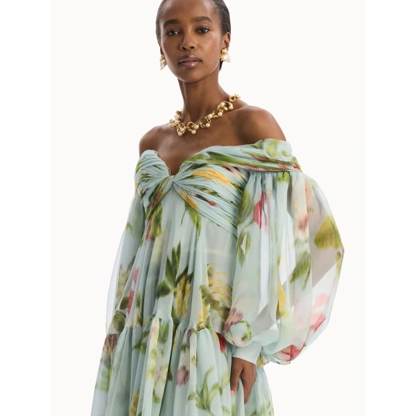 Oscar de la Renta Chiné Dominican Mixed Floral Chiffon Sweetheart Gown - Dresses - American Luxury Evening Wear at Coveti