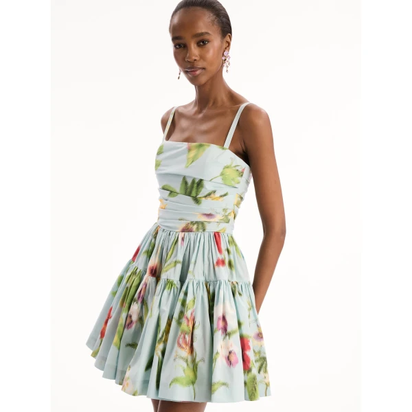 Oscar de la Renta Chiné Dominican Mixed Floral Cotton Poplin Tiered Dress - Dresses - American Luxury Evening Wear at Coveti