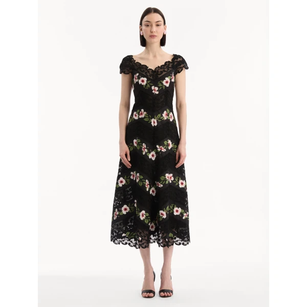 Oscar de la Renta Chiné Hibiscus Striped Faille Midi Dress - Dresses - American Luxury Evening Wear at Coveti