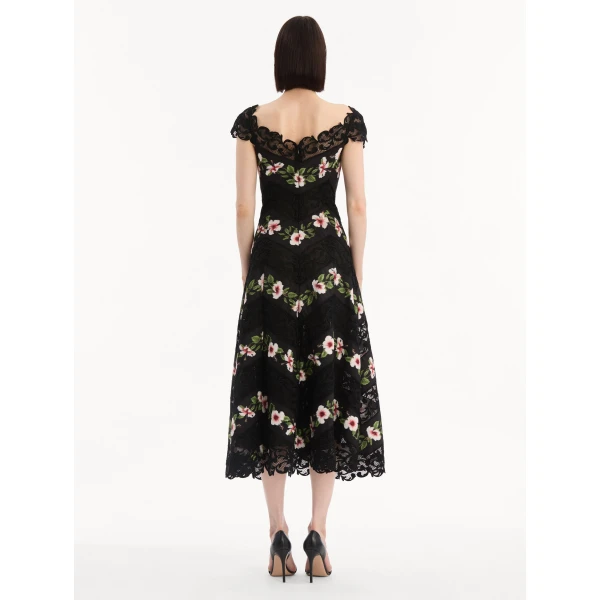 Oscar de la Renta Chiné Hibiscus Striped Faille Midi Dress - Dresses - American Luxury Evening Wear at Coveti