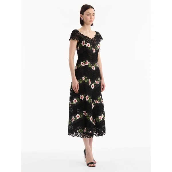 Oscar de la Renta Chiné Hibiscus Striped Faille Midi Dress - Dresses - American Luxury Evening Wear at Coveti