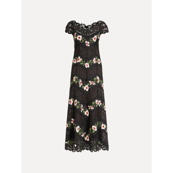 Oscar de la Renta Chiné Hibiscus Striped Faille Midi Dress - Dresses - American Luxury Evening Wear at Coveti