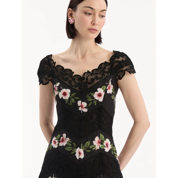 Oscar de la Renta Chiné Hibiscus Striped Faille Midi Dress - Dresses - American Luxury Evening Wear at Coveti