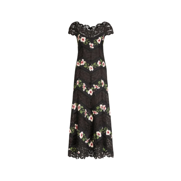 Oscar de la Renta Chiné Hibiscus Striped Faille Midi Dress - Dresses - American Luxury Evening Wear at Coveti