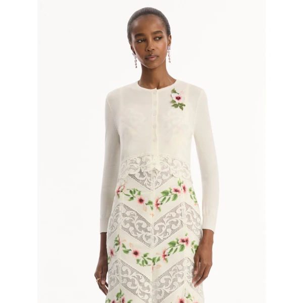 Oscar de la Renta Chiné Hibiscus Threadwork Cropped Cardigan - Knitwear - American Luxury Evening Wear at Coveti