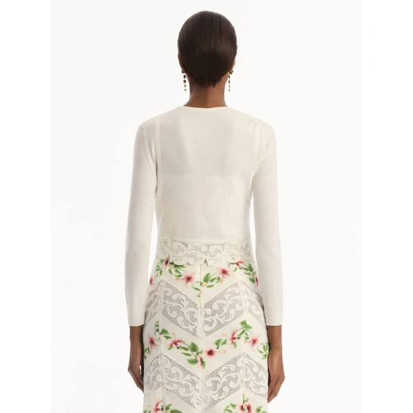 Oscar de la Renta Chiné Hibiscus Threadwork Cropped Cardigan - Knitwear - American Luxury Evening Wear at Coveti