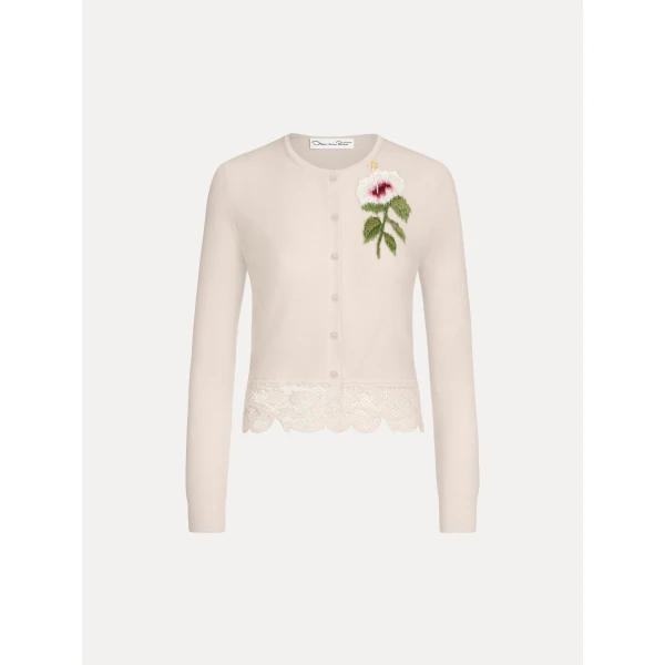 Oscar de la Renta Chiné Hibiscus Threadwork Cropped Cardigan - Knitwear - American Luxury Evening Wear at Coveti