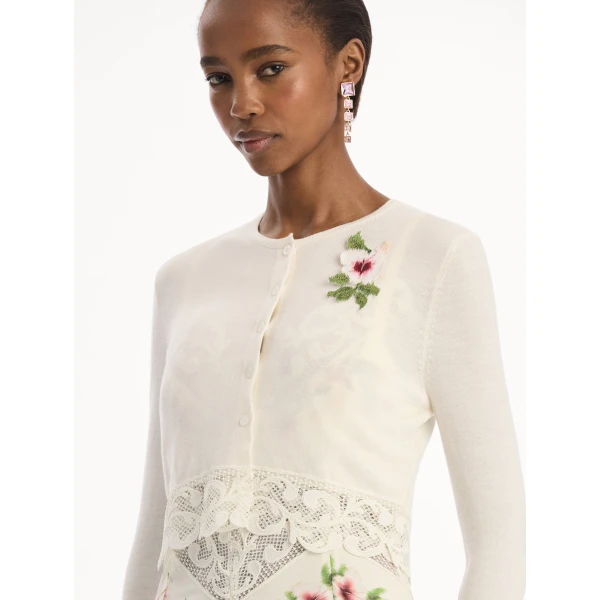 Oscar de la Renta Chiné Hibiscus Threadwork Cropped Cardigan - Knitwear - American Luxury Evening Wear at Coveti