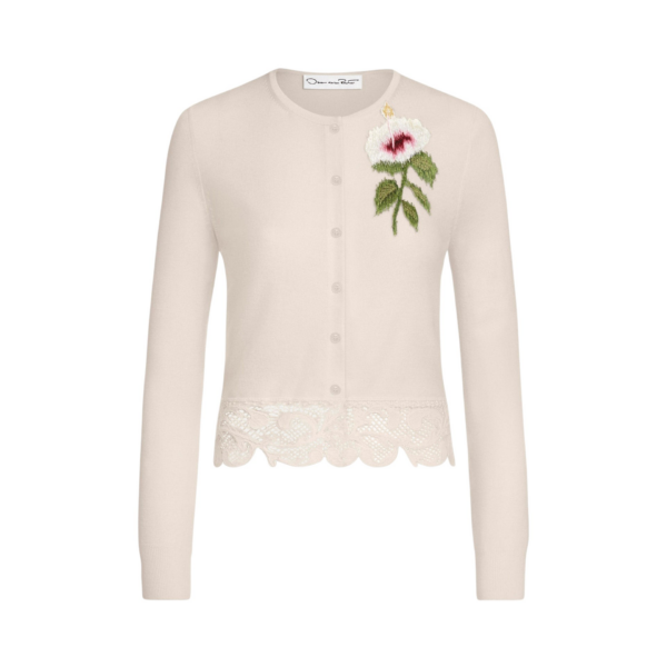 Oscar de la Renta Chiné Hibiscus Threadwork Cropped Cardigan - Knitwear - American Luxury Evening Wear at Coveti
