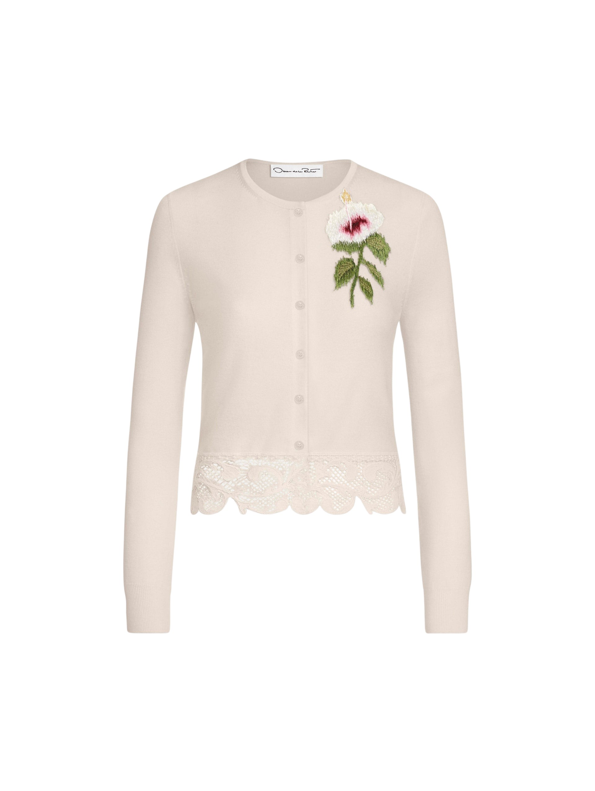 Oscar de la Renta Chiné Hibiscus Threadwork Cropped Cardigan - Knitwear - American Luxury Evening Wear at Coveti