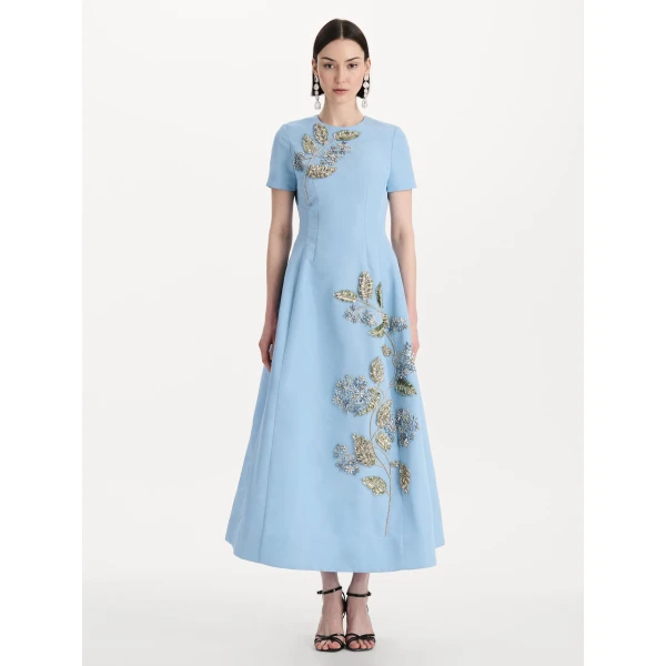 Oscar de la Renta Crystal Flower Embroidered Faille Dress - Dresses - American Luxury Evening Wear at Coveti
