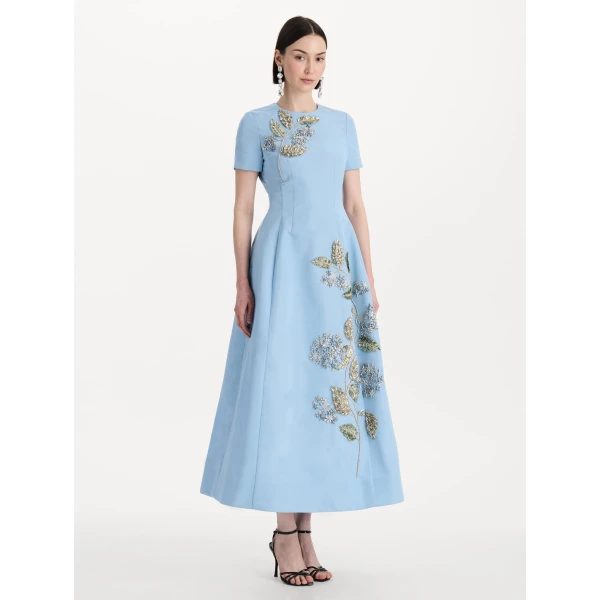 Oscar de la Renta Crystal Flower Embroidered Faille Dress - Dresses - American Luxury Evening Wear at Coveti