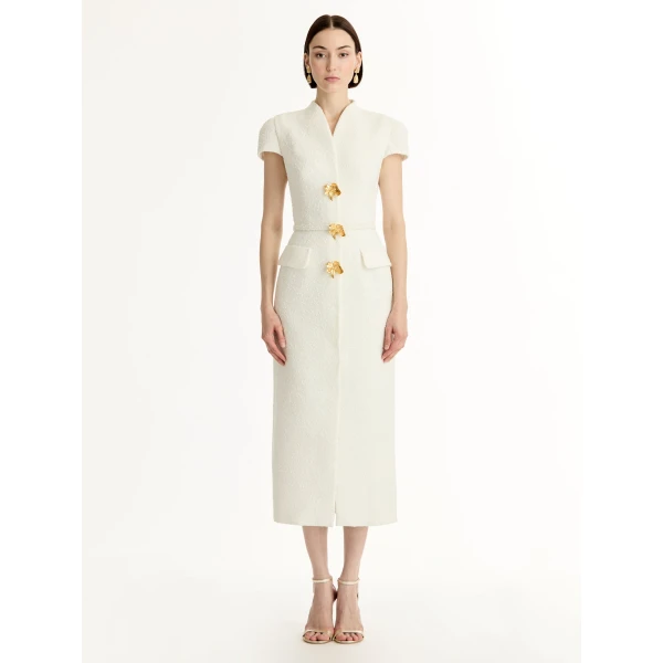 Oscar de la Renta Cyclamen Detailed Wool Tweed Dress - Dresses - American Luxury Evening Wear at Coveti