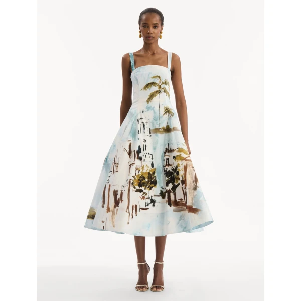 Oscar de la Renta Dominican Landscape Cotton Poplin Sleeveless Dress - Dresses - American Luxury Evening Wear at Coveti
