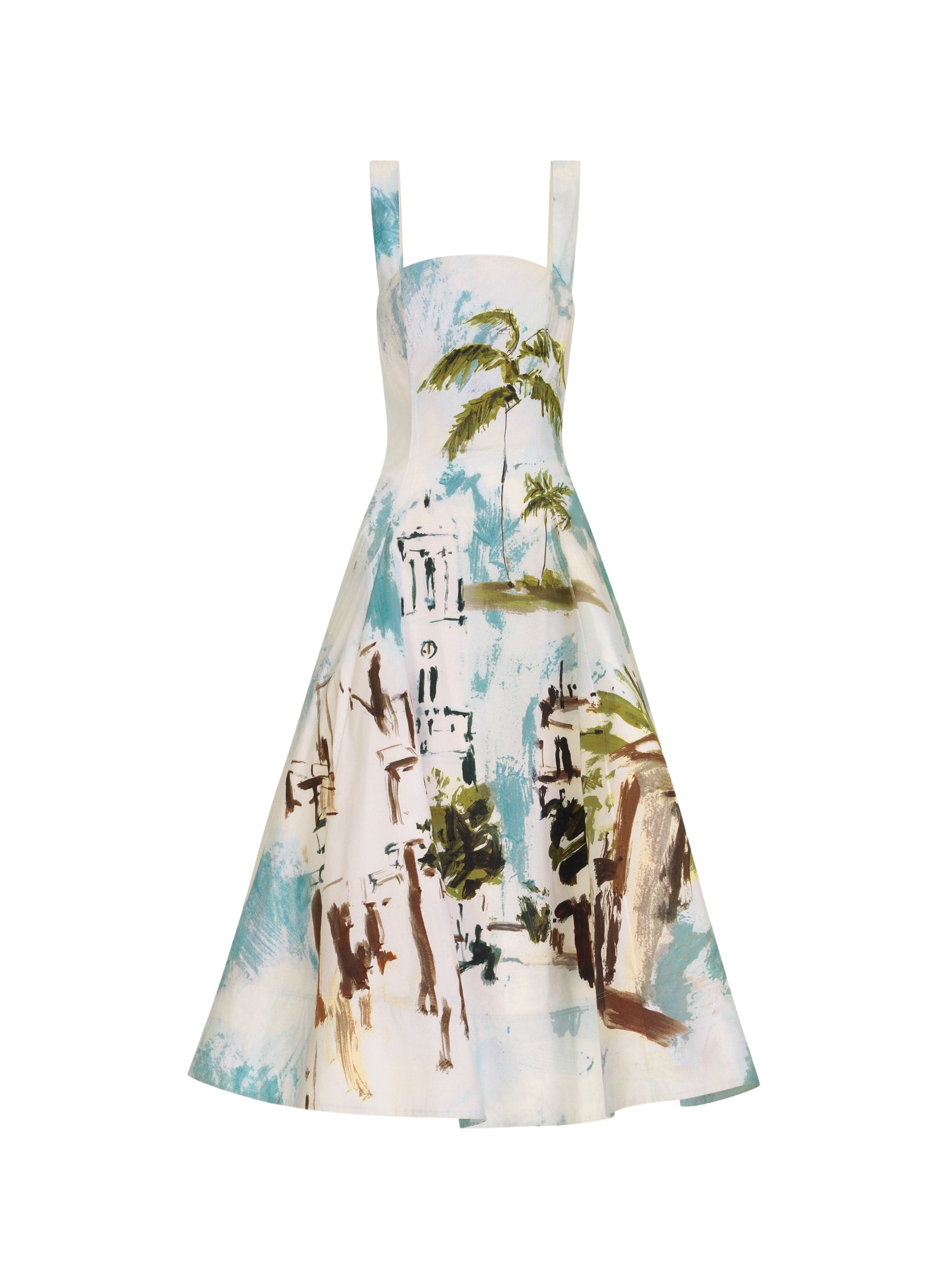 Oscar de la Renta Dominican Landscape Cotton Poplin Sleeveless Dress