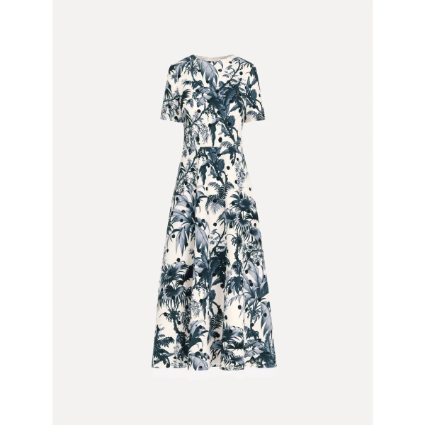Oscar de la Renta Dotted Palm Leaves Cotton Poplin Short Sleeve Dress - Dresses - American Luxury Evening Wear at Coveti