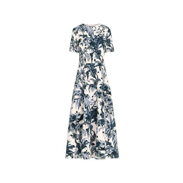 Oscar de la Renta Dotted Palm Leaves Cotton Poplin Short Sleeve Dress - Dresses - American Luxury Evening Wear at Coveti