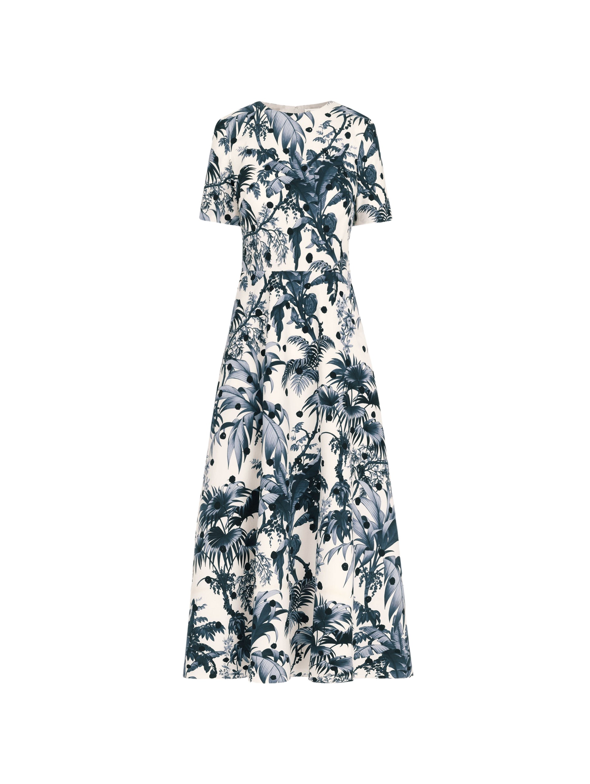 Oscar de la Renta Dotted Palm Leaves Cotton Poplin Short Sleeve Dress
