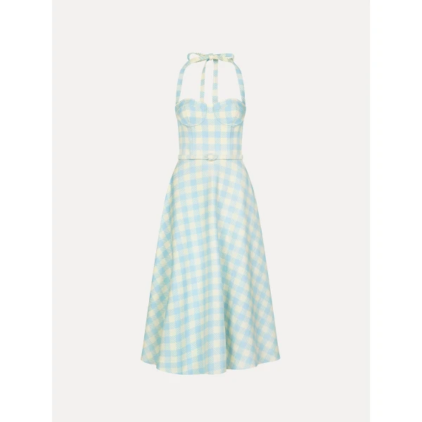 Oscar de la Renta Gingham Bustier Wool Blend Dress - Dresses - American Luxury Evening Wear at Coveti
