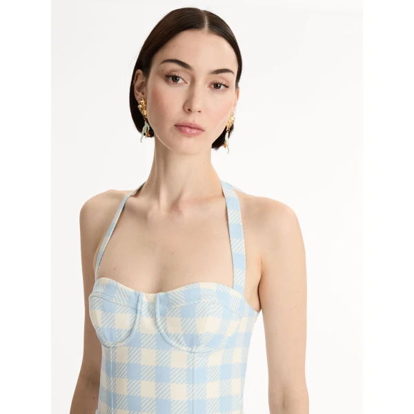 Oscar de la Renta Gingham Bustier Wool Blend Dress - Dresses - American Luxury Evening Wear at Coveti