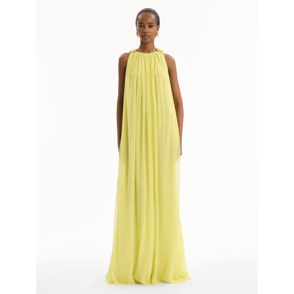 Oscar de la Renta Hibiscus Detail Silk Chiffon Caftan - kimono - American Luxury Evening Wear at Coveti