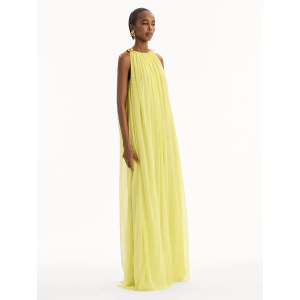 Oscar de la Renta Hibiscus Detail Silk Chiffon Caftan - kimono - American Luxury Evening Wear at Coveti