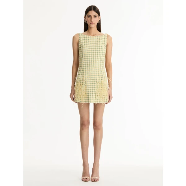 Oscar de la Renta Point d’Esprit Feather Embroidered Checked Tweed Dress - Dresses - American Luxury Evening Wear at Coveti