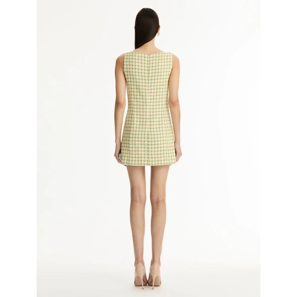 Oscar de la Renta Point d’Esprit Feather Embroidered Checked Tweed Dress - Dresses - American Luxury Evening Wear at Coveti
