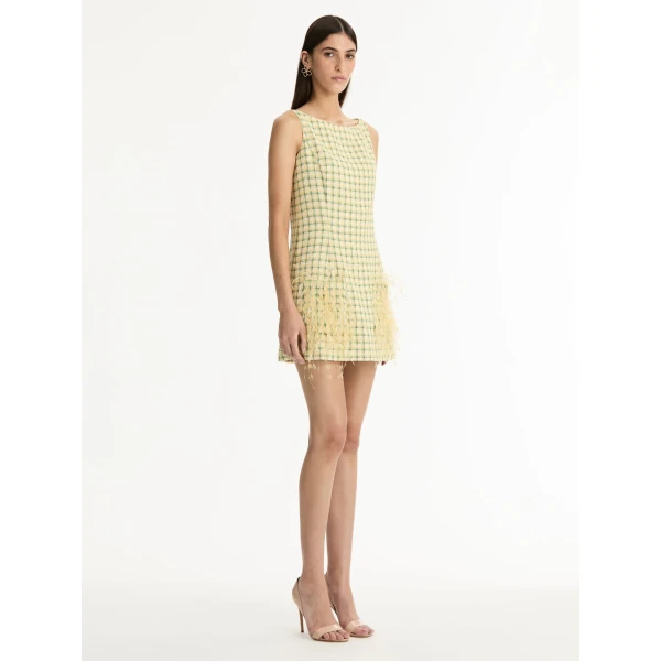 Oscar de la Renta Point d’Esprit Feather Embroidered Checked Tweed Dress - Dresses - American Luxury Evening Wear at Coveti
