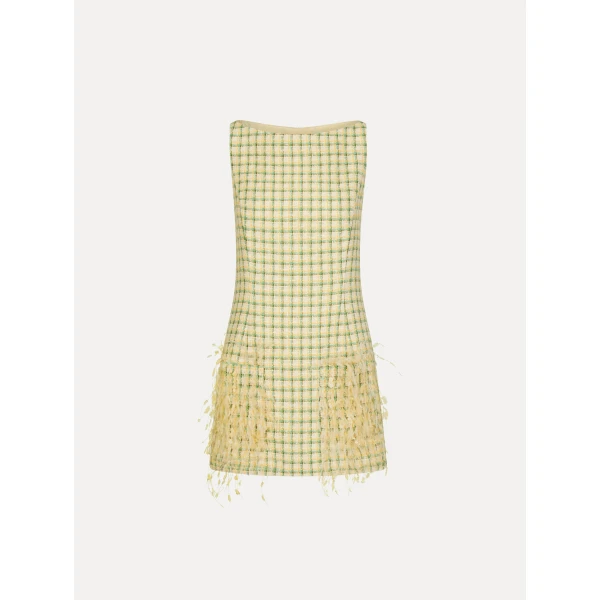 Oscar de la Renta Point d’Esprit Feather Embroidered Checked Tweed Dress - Dresses - American Luxury Evening Wear at Coveti
