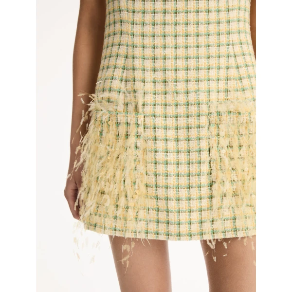 Oscar de la Renta Point d’Esprit Feather Embroidered Checked Tweed Dress - Dresses - American Luxury Evening Wear at Coveti