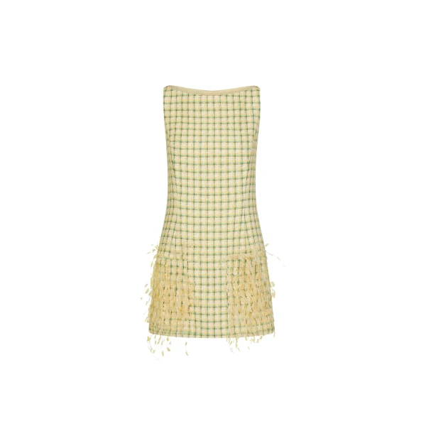 Oscar de la Renta Point d’Esprit Feather Embroidered Checked Tweed Dress - Dresses - American Luxury Evening Wear at Coveti