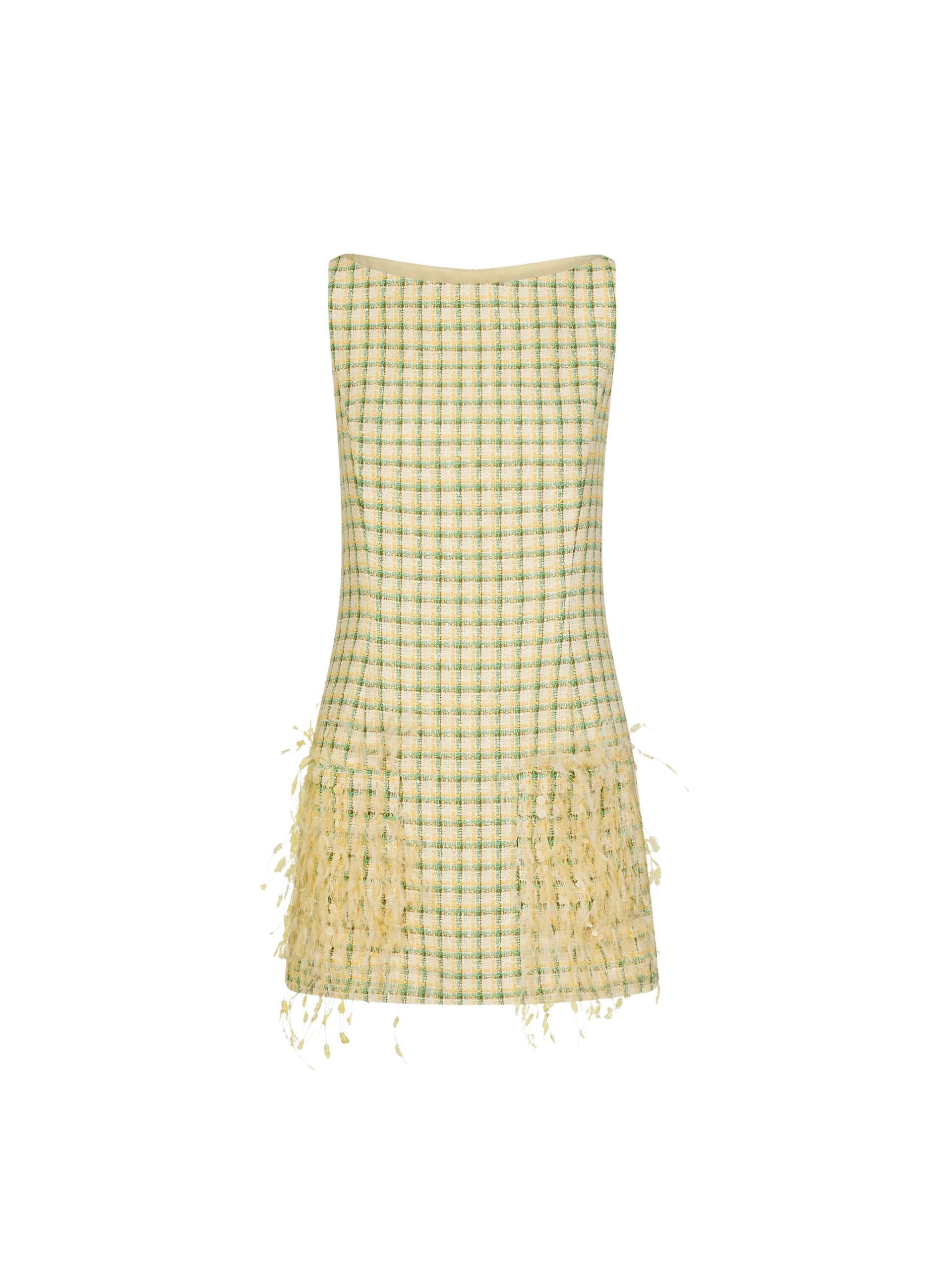 Oscar de la Renta Point d’Esprit Feather Embroidered Checked Tweed Dress