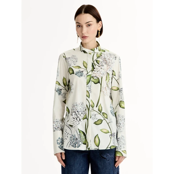 Oscar de la Renta Porcelain Flower Cotton Poplin Blouse - Tops - American Luxury Evening Wear at Coveti