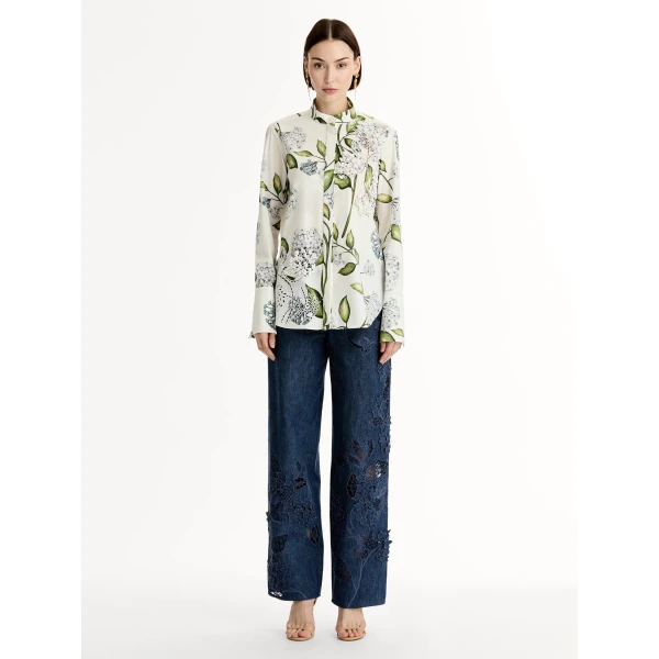 Oscar de la Renta Porcelain Flower Cotton Poplin Blouse - Tops - American Luxury Evening Wear at Coveti
