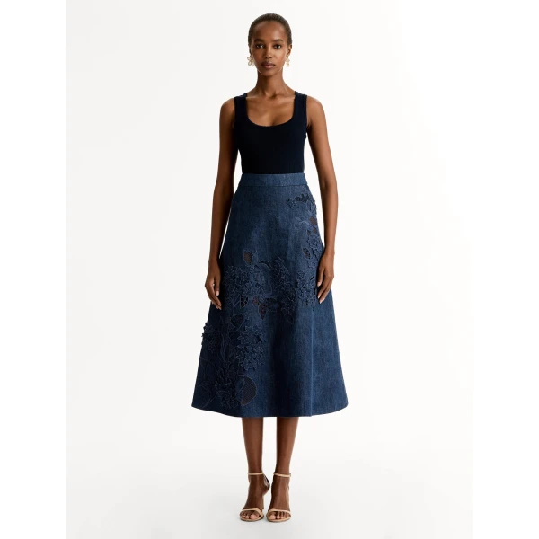 Oscar de la Renta Porcelain Flower Cutout Denim Skirt - Skirts - American Luxury Evening Wear at Coveti